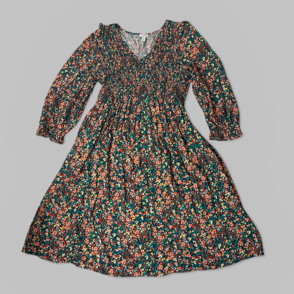 J. Crew V-Neck Smocked Green Floral Midi Dress - Picture 4 of 11